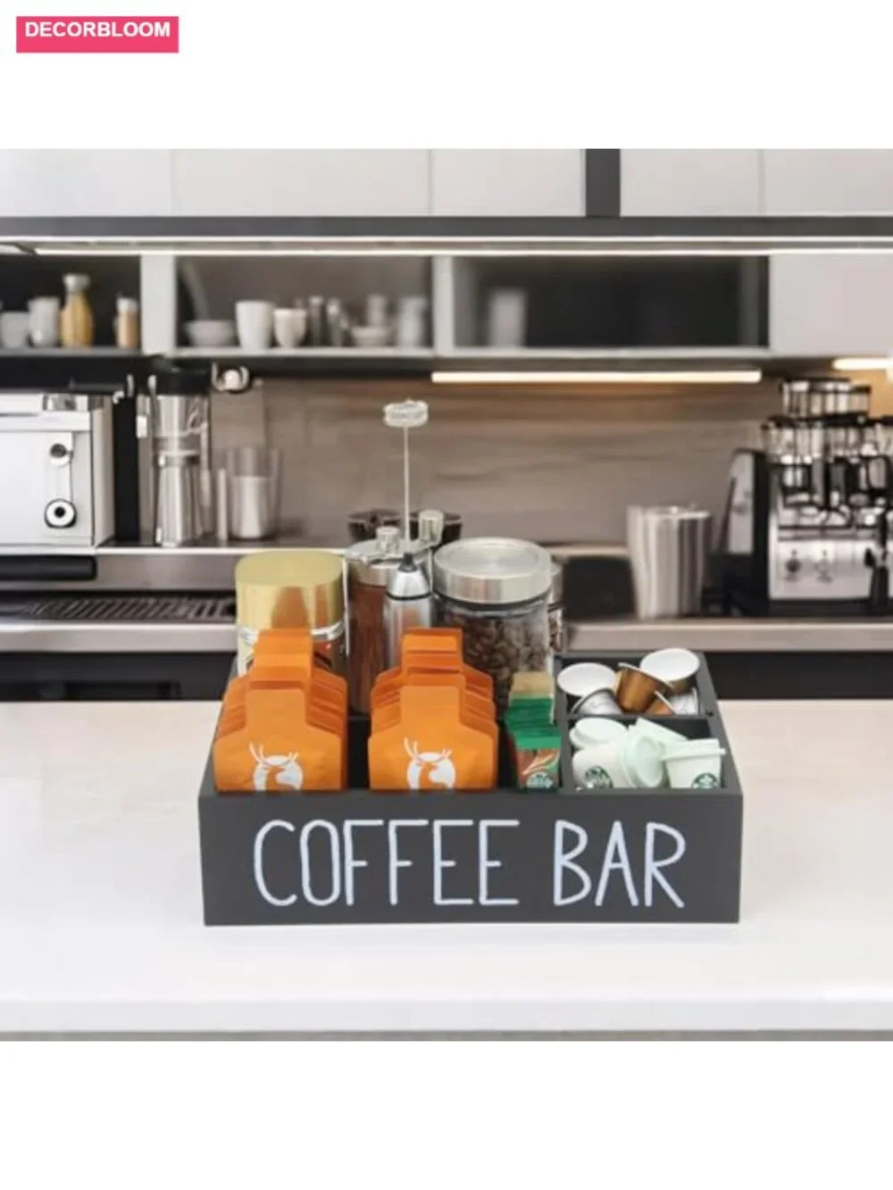 Countertop Coffee Bar Organizer Wood Storage with Removable Dividers
